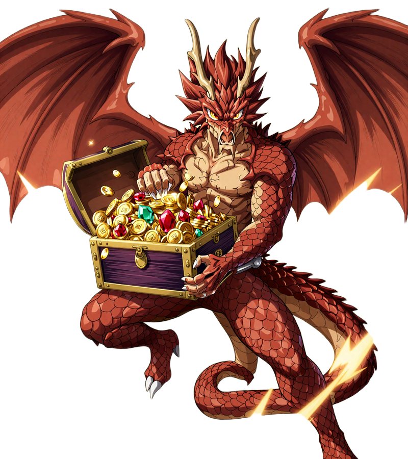 Dragonia Casino Anime-Drache h&auml;lt eine Schatztruhe voller Goldm&uuml;nzen und Edelsteine
