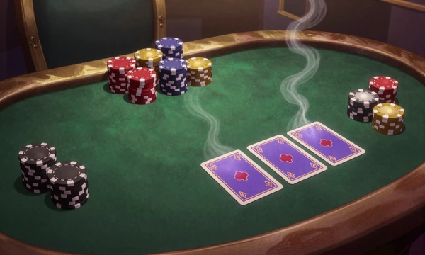Dragonia Live Poker Tisch mit Karten und Chips in dramatischer Beleuchtung