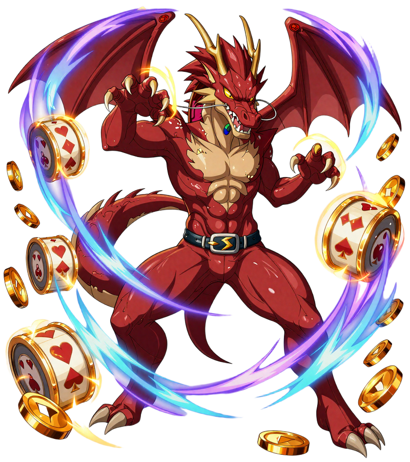 Dragonia Casino Anime-Drache umgeben von leuchtenden Spielautomaten-Walzen und goldenen M&uuml;nzen