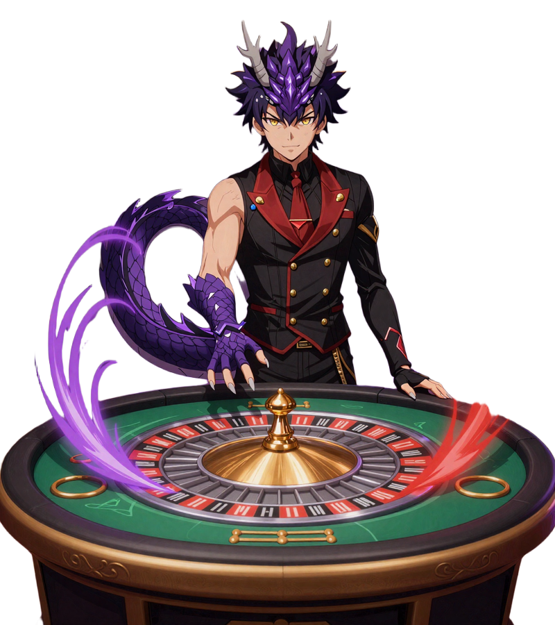 Dragonia Casino Anime-Drache als Live Casino Dealer am Roulette-Tisch mit Energieeffekten